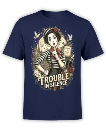 Vintage mime performer graphic with roses, doves, and Trouble in Silence lettering on a navy T-shirt