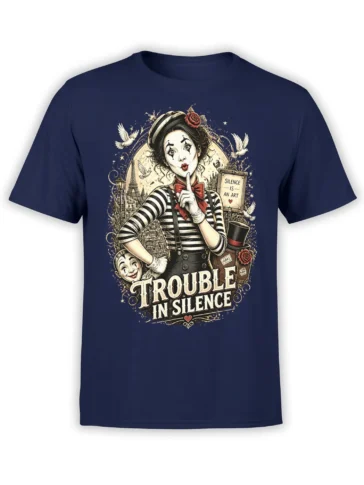 Vintage mime performer graphic with roses, doves, and Trouble in Silence lettering on a navy T-shirt