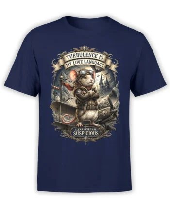Vintage aviator mouse standing on a biplane with turbulence slogan on a navy graphic T-shirt