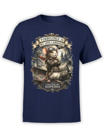 Vintage aviator mouse standing on a biplane with turbulence slogan on a navy graphic T-shirt