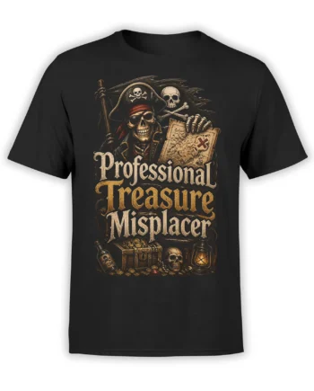 Black pirate T-shirt with skeleton, treasure map, rum bottle, and Professional Treasure Misplacer text