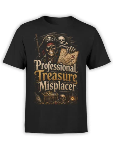 Black pirate T-shirt with skeleton, treasure map, rum bottle, and Professional Treasure Misplacer text