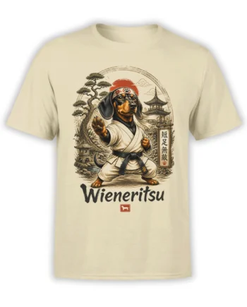 Beige T-shirt featuring a martial arts dachshund, Japanese temple scene, bonsai tree, and Wienerritsu lettering