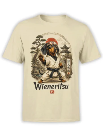 Beige T-shirt featuring a martial arts dachshund, Japanese temple scene, bonsai tree, and Wienerritsu lettering