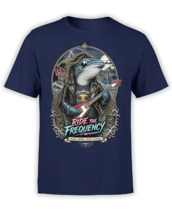 Blue whale guitarist graphic with ocean waves and Ride the Frequency text on a navy T-shirt