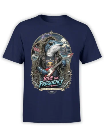 Blue whale guitarist graphic with ocean waves and Ride the Frequency text on a navy T-shirt