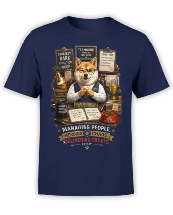 Pointy-eared dog manager in glasses with office charts and treat-themed text on a navy graphic T-shirt