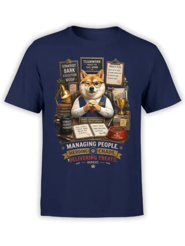 Pointy-eared dog manager in glasses with office charts and treat-themed text on a navy graphic T-shirt