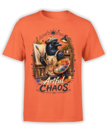 Colorful raven artist T-shirt in orange with palette, paintbrush, easel, and Art Chaos lettering