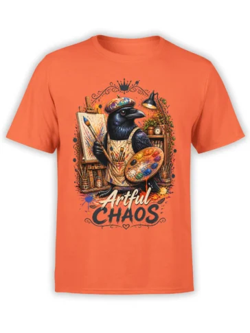 Colorful raven artist T-shirt in orange with palette, paintbrush, easel, and Art Chaos lettering
