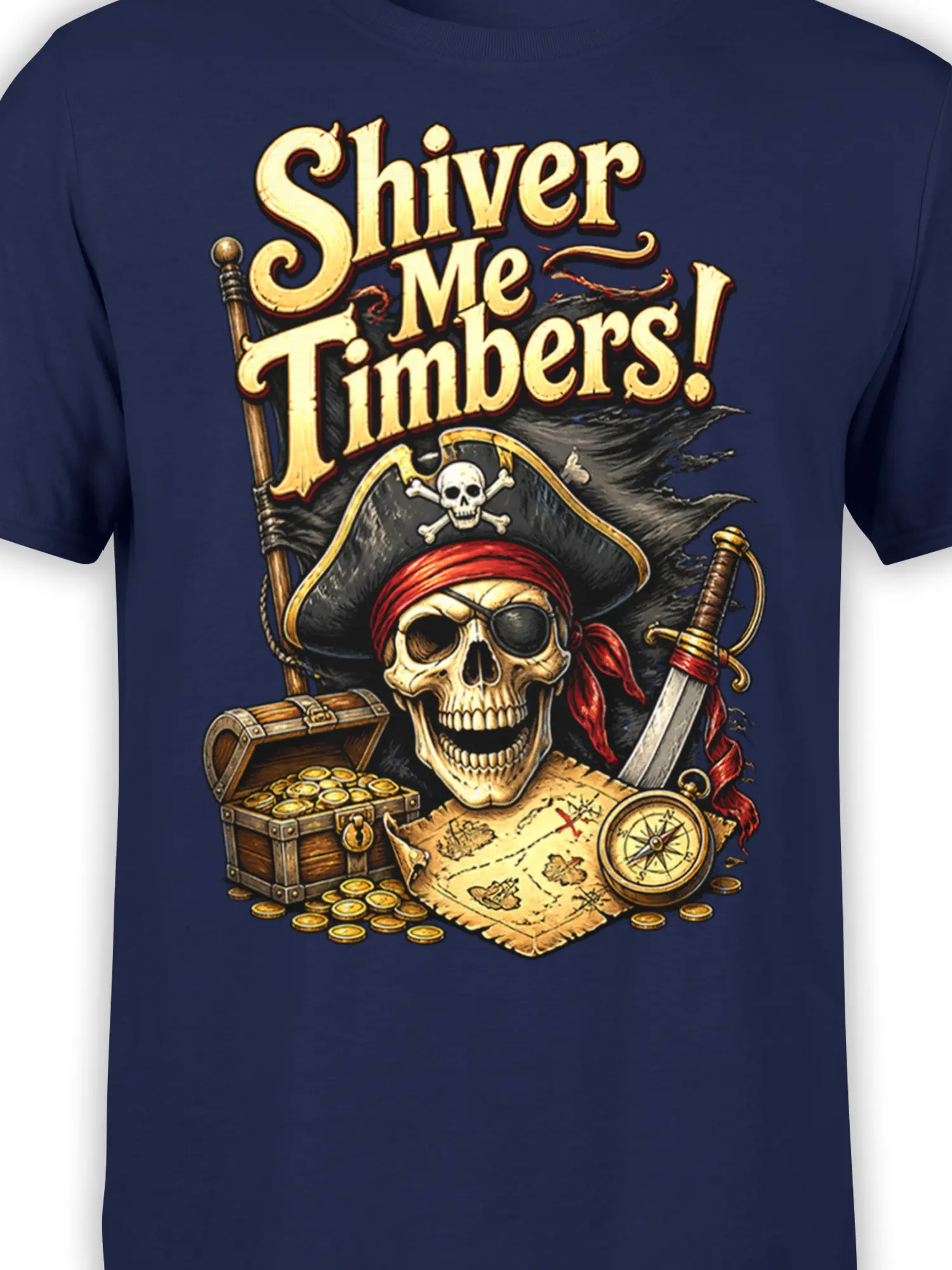 Close-up of pirate skull artwork, treasure chest, compass, sword, map, and vintage lettering on navy fabric