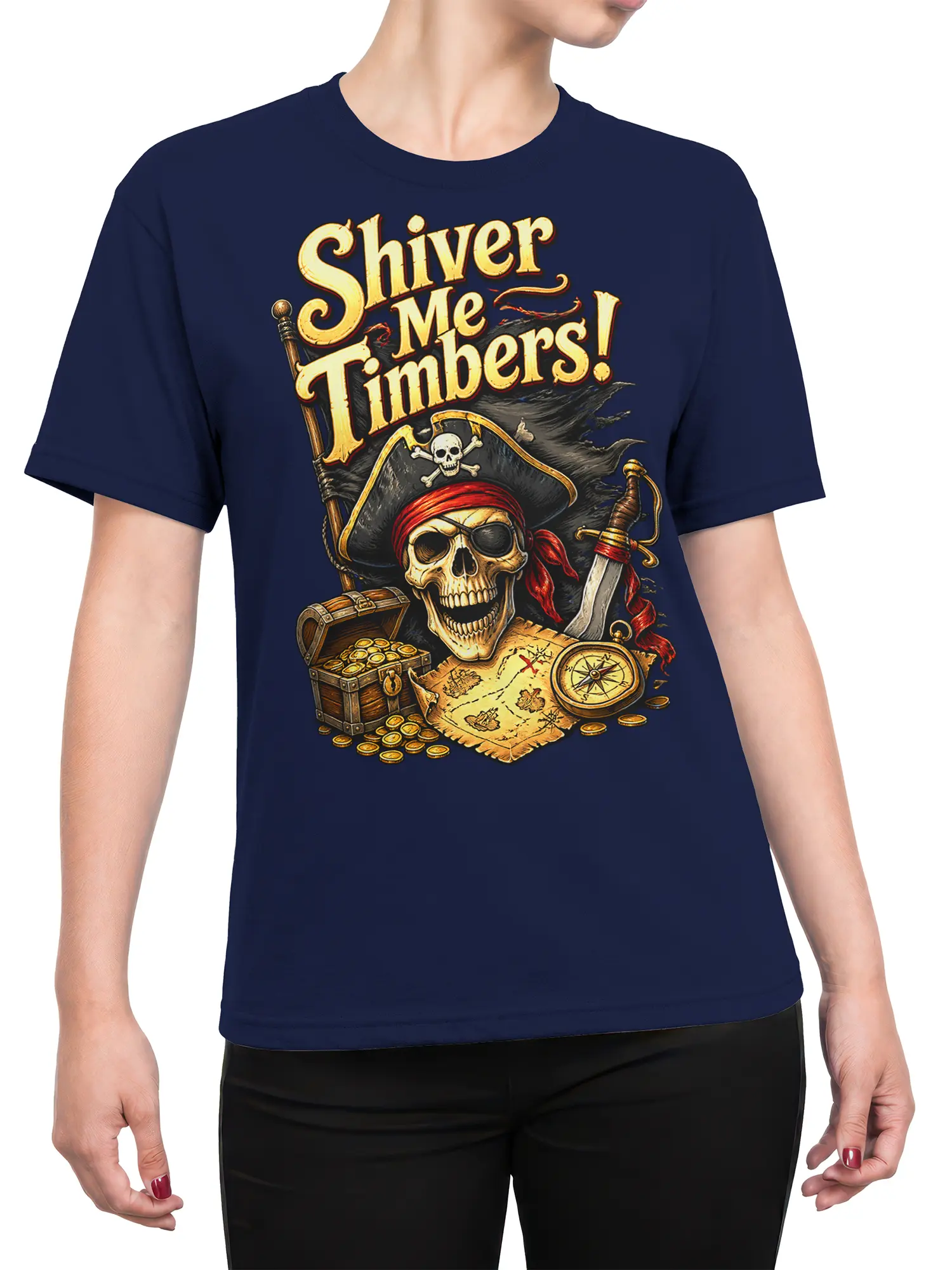 Female torso wearing a navy pirate T-shirt with skull captain, treasure map, compass, sword, and bold vintage text