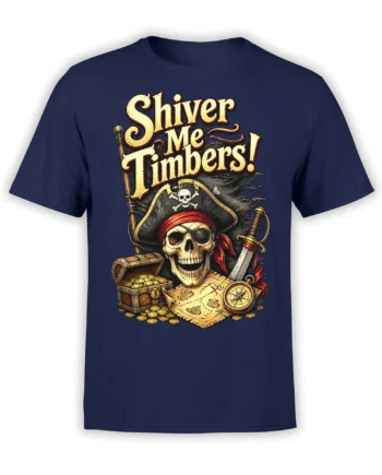 Navy pirate T-shirt with skull captain, treasure chest, compass, map, sword, coins, and “Shiver Me Timbers!” text