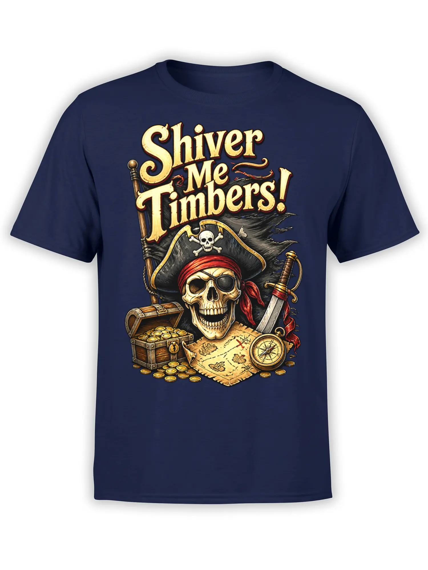 Navy pirate T-shirt with skull captain, treasure chest, compass, map, sword, coins, and “Shiver Me Timbers!” text