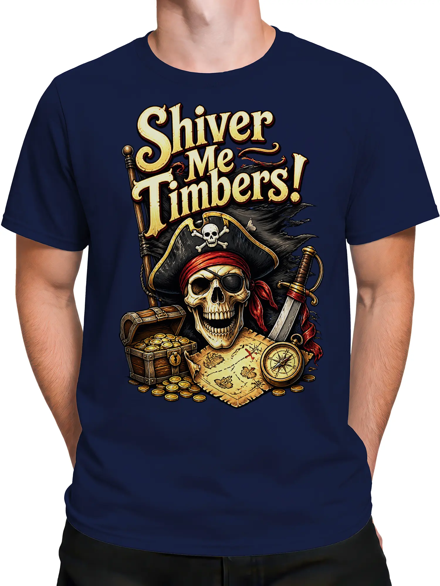 Male torso wearing a navy pirate T-shirt with skull captain, treasure chest, compass, map, sword, and coins