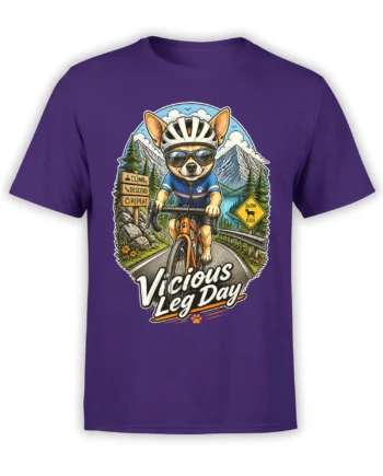 Purple T-shirt with a helmeted dog riding a bicycle through mountains under the words Vicious Leg Day
