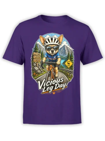 Purple T-shirt with a helmeted dog riding a bicycle through mountains under the words Vicious Leg Day