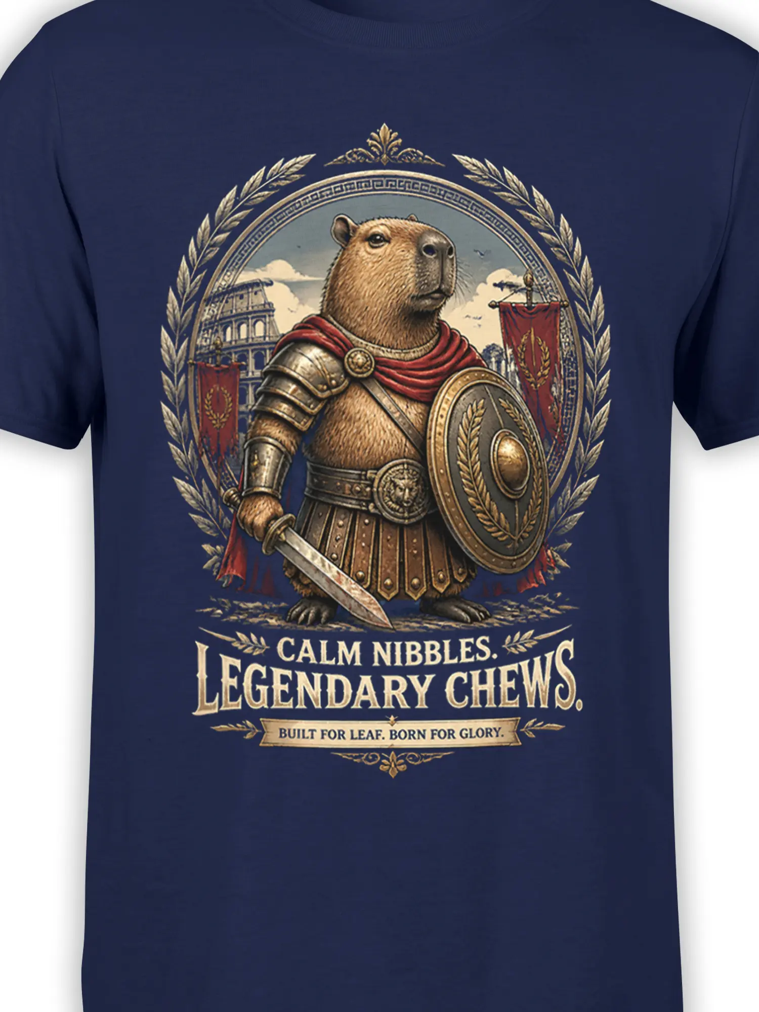 Close-up of armored capybara artwork with Roman shield, sword, red cape, and cream lettering on navy fabric