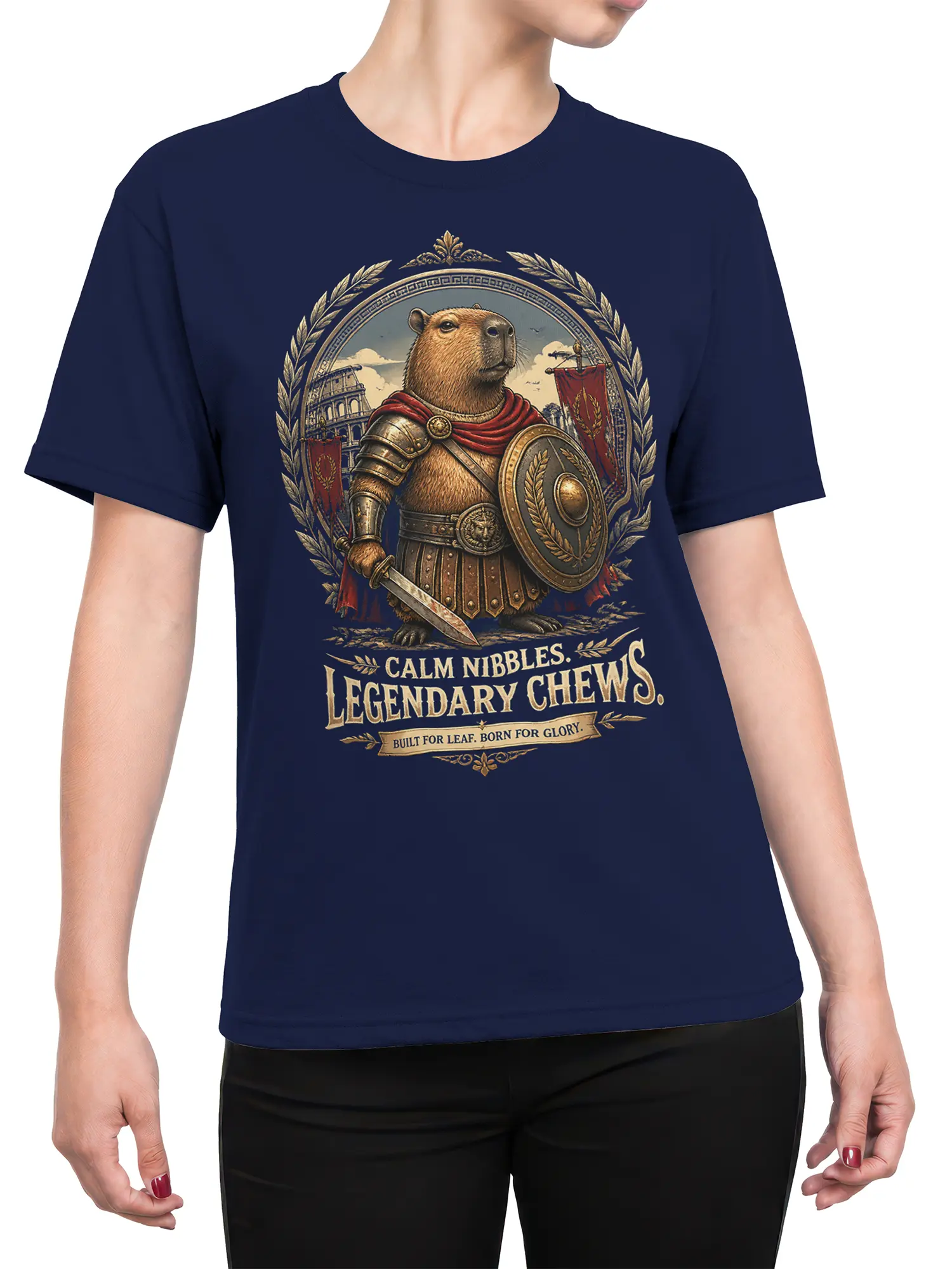 Female torso wearing a navy T-shirt with a Roman warrior capybara graphic and vintage cream lettering