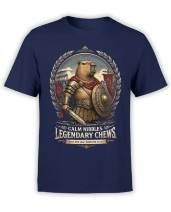 Roman warrior capybara graphic with shield, sword, red cape, and vintage lettering on a navy T-shirt