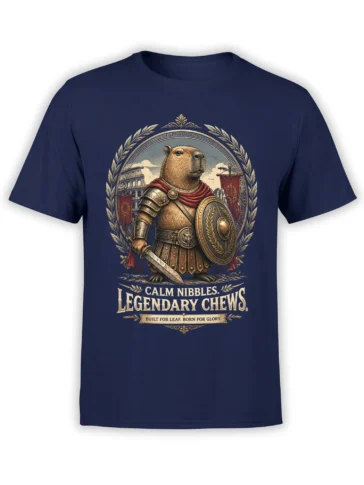 Roman warrior capybara graphic with shield, sword, red cape, and vintage lettering on a navy T-shirt