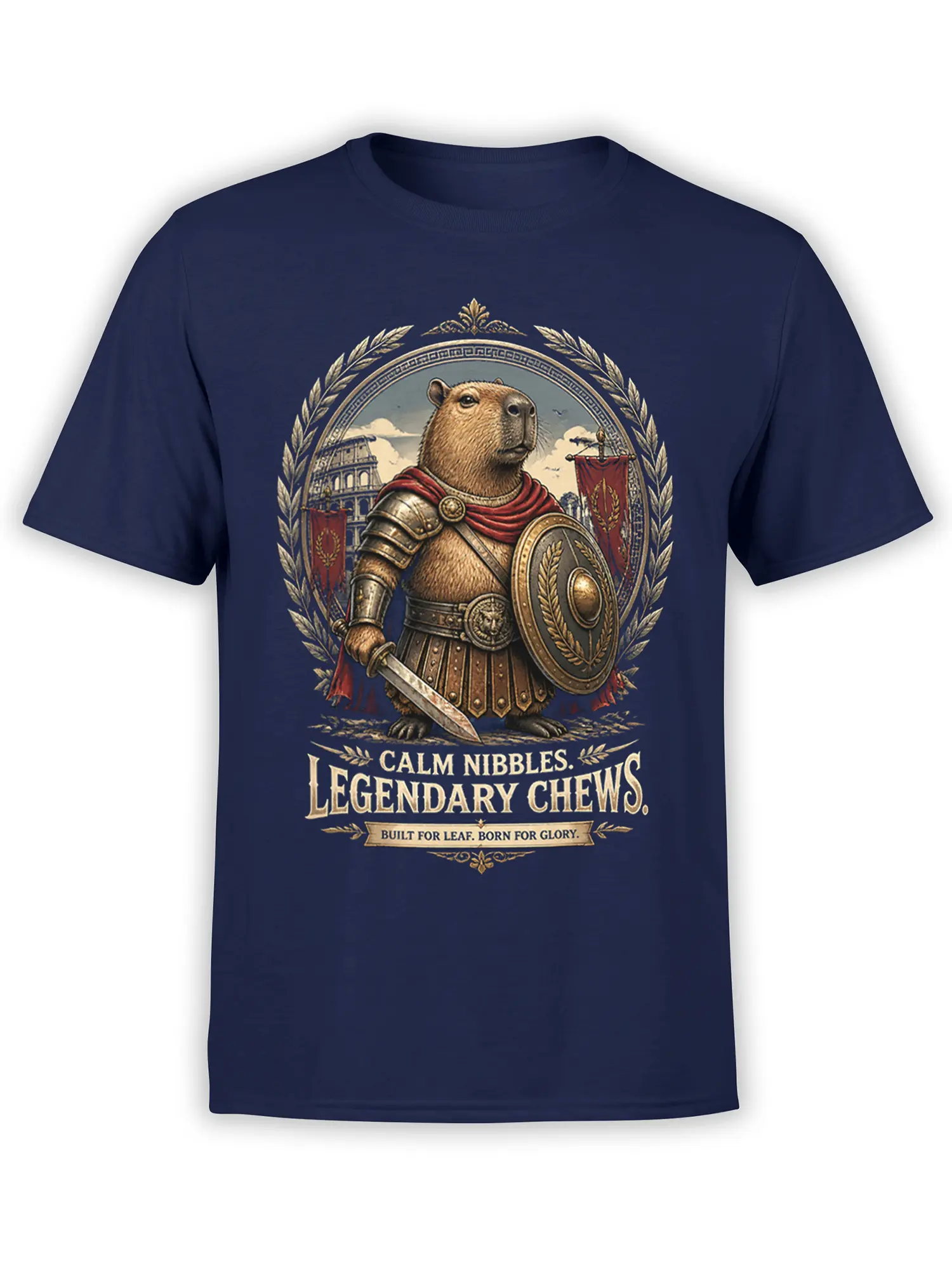 Roman warrior capybara graphic with shield, sword, red cape, and vintage lettering on a navy T-shirt