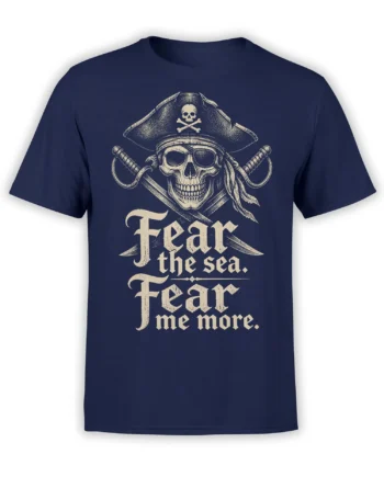 Vintage pirate skull T-shirt in navy with crossed swords, tricorn hat, and bold cream lettering