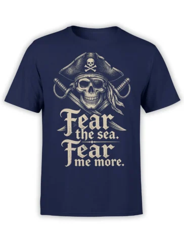 Vintage pirate skull T-shirt in navy with crossed swords, tricorn hat, and bold cream lettering