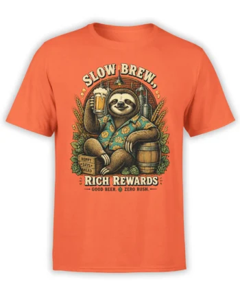 Orange T-shirt with a vintage sloth holding a foamy beer beneath Slow Brew and Rich Rewards lettering