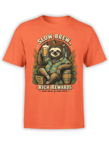 Orange T-shirt with a vintage sloth holding a foamy beer beneath Slow Brew and Rich Rewards lettering