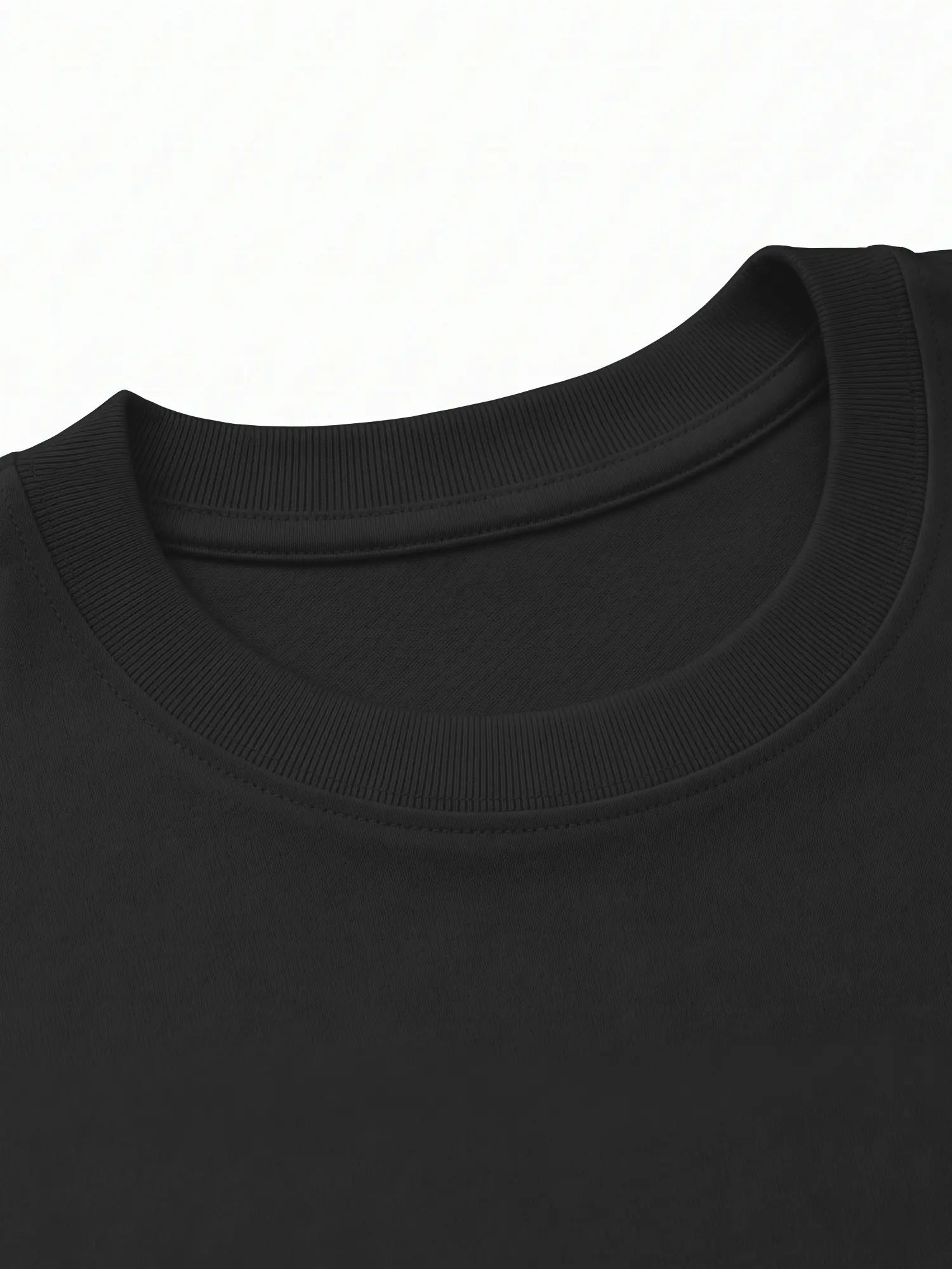 Black cotton T-shirt collar showing ribbed fabric and clean neckline construction