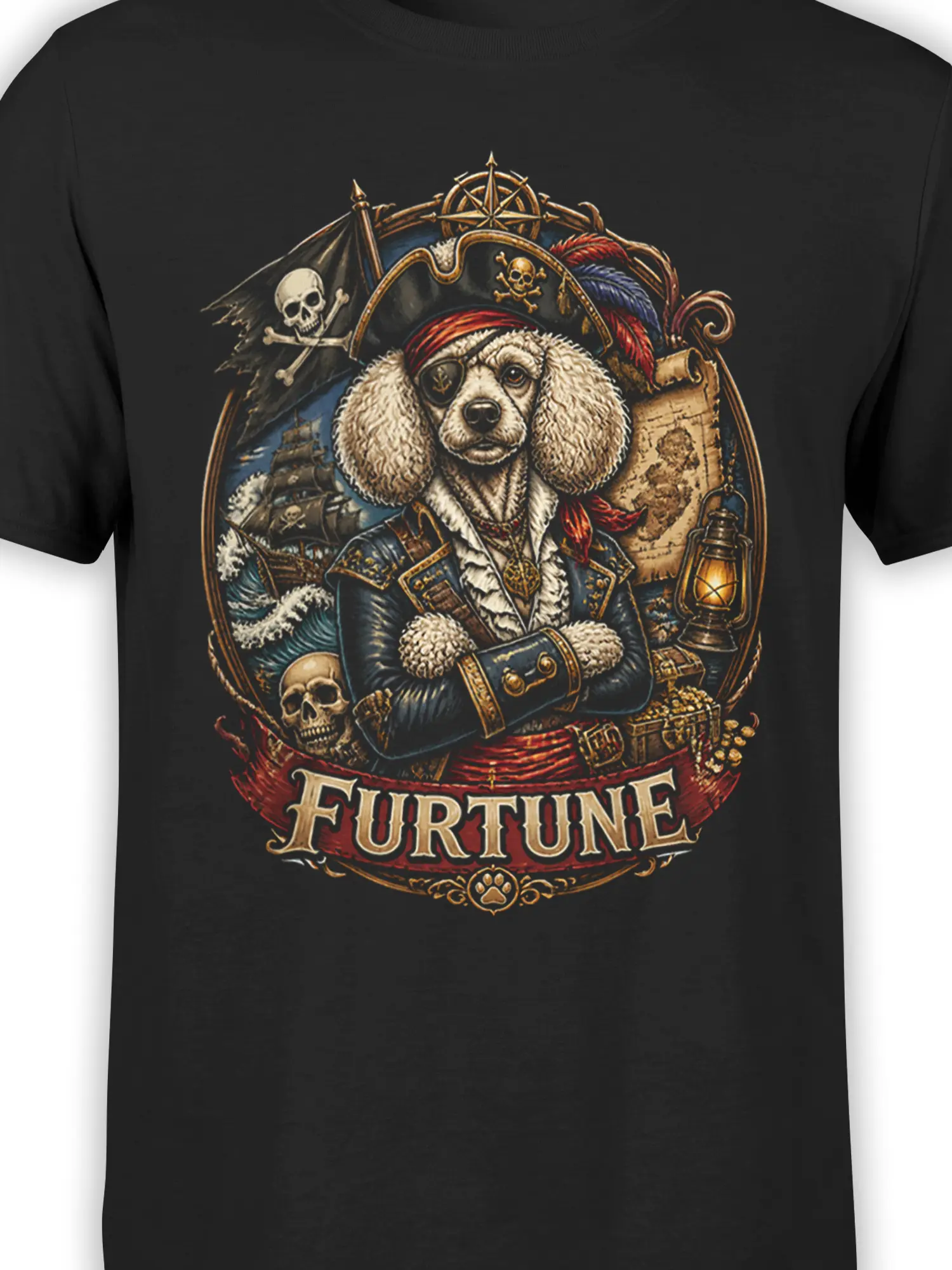 Close-up of pirate poodle artwork on a black T-shirt with an eyepatch, nautical details, treasure, and FURTUNE text