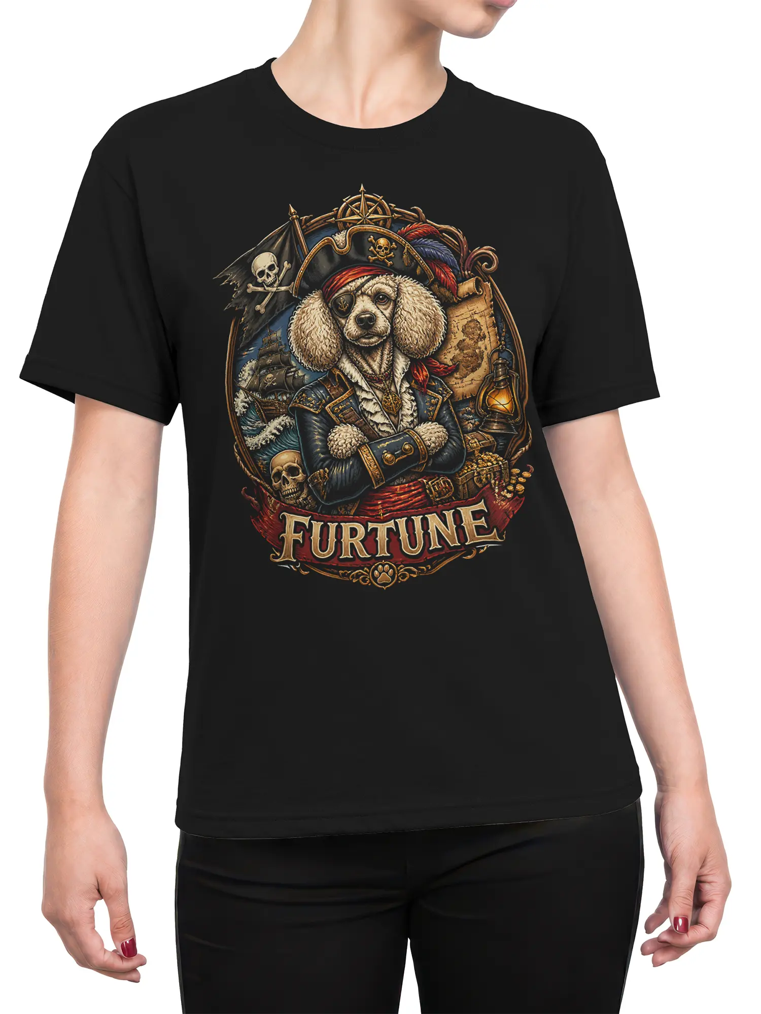Female torso wearing a black T-shirt with a vintage pirate poodle captain and FURTUNE graphic