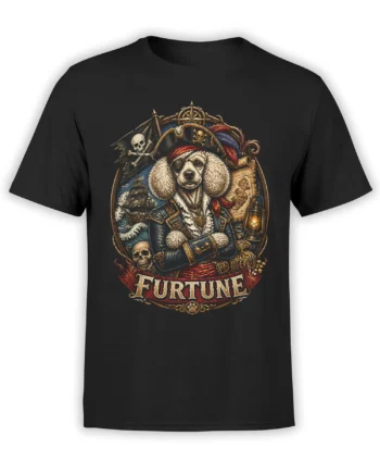 Black T-shirt with a detailed pirate poodle captain graphic, treasure map, ship, skulls, and FURTUNE lettering