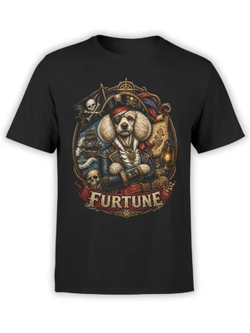Black T-shirt with a detailed pirate poodle captain graphic, treasure map, ship, skulls, and FURTUNE lettering