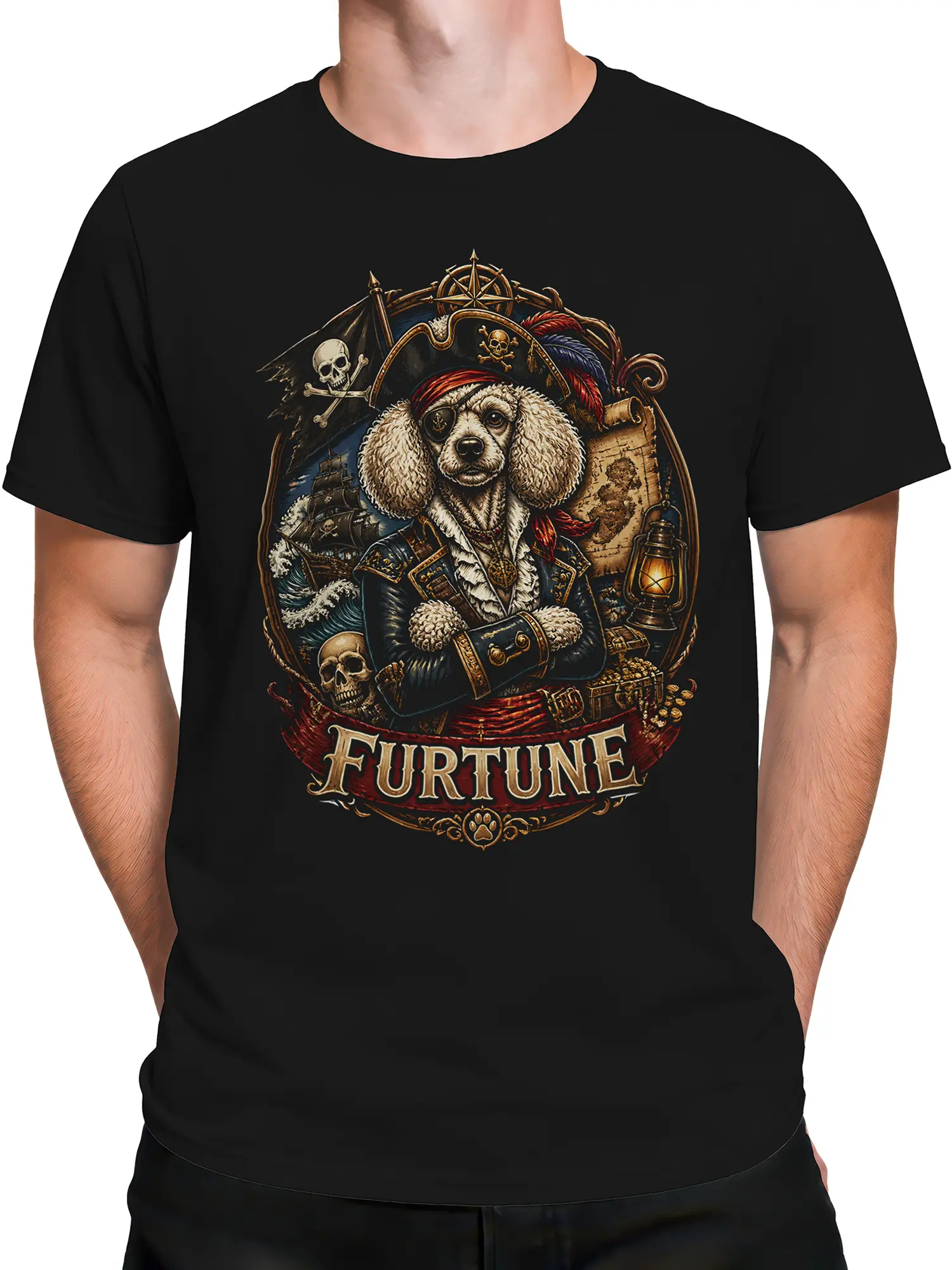 Male torso wearing a black pirate poodle graphic T-shirt with nautical artwork and FURTUNE text