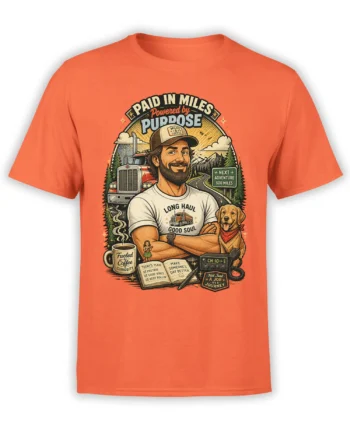 Orange T-shirt with vintage long haul trucker artwork, smiling driver, dog, semi truck, coffee, and mountain road