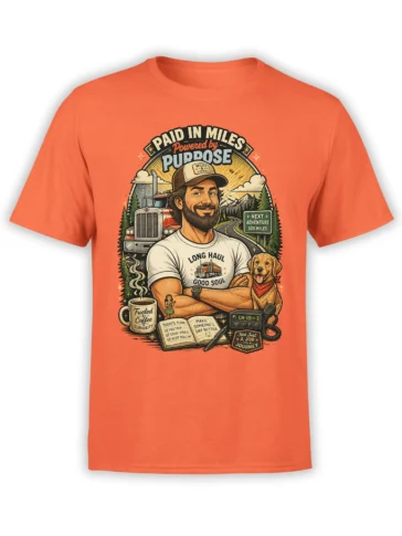 Orange T-shirt with vintage long haul trucker artwork, smiling driver, dog, semi truck, coffee, and mountain road