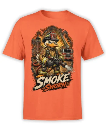 Orange T-shirt with a firefighter duck holding a hose beneath bold “SMOKE SWORN” lettering