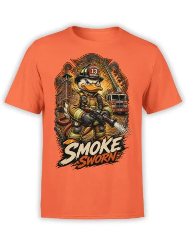 Orange T-shirt with a firefighter duck holding a hose beneath bold “SMOKE SWORN” lettering