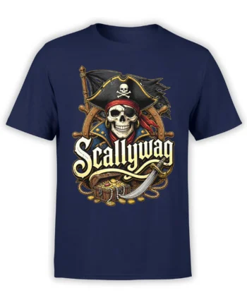 Vintage pirate skull captain T-shirt in navy with ship wheel, treasure chest, cutlass, and “Sail Away” text