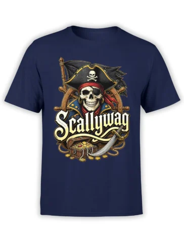 Vintage pirate skull captain T-shirt in navy with ship wheel, treasure chest, cutlass, and “Sail Away” text