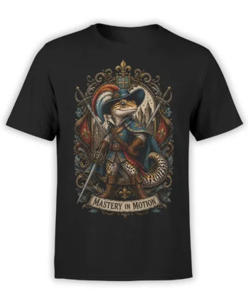 Spotted gecko warrior in blue armor on a black shirt with sword, shield, castle, and “Mastery in Motion” banner
