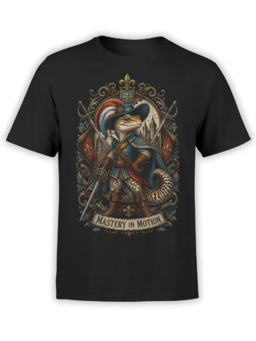 Spotted gecko warrior in blue armor on a black shirt with sword, shield, castle, and “Mastery in Motion” banner