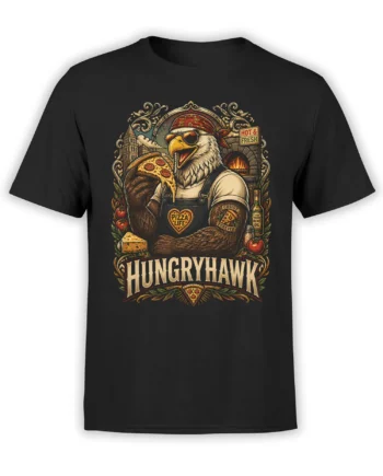 Vintage hungry hawk holding a pizza slice on a black shirt with bold HUNGRY HAWK lettering