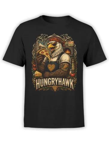 Vintage hungry hawk holding a pizza slice on a black shirt with bold HUNGRY HAWK lettering