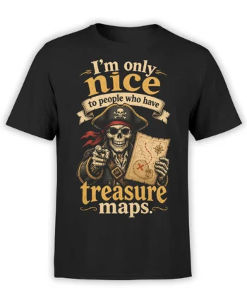 Black pirate T-shirt with skeleton captain, treasure map, compass, and vintage lettering