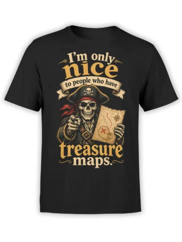 Black pirate T-shirt with skeleton captain, treasure map, compass, and vintage lettering