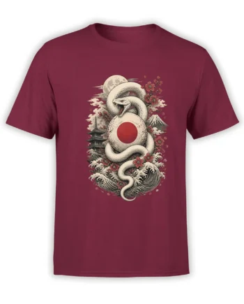 Japanese-inspired white snake graphic with waves, cherry blossoms, red sun, and mountain on a burgundy T-shirt