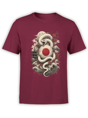 Japanese-inspired white snake graphic with waves, cherry blossoms, red sun, and mountain on a burgundy T-shirt